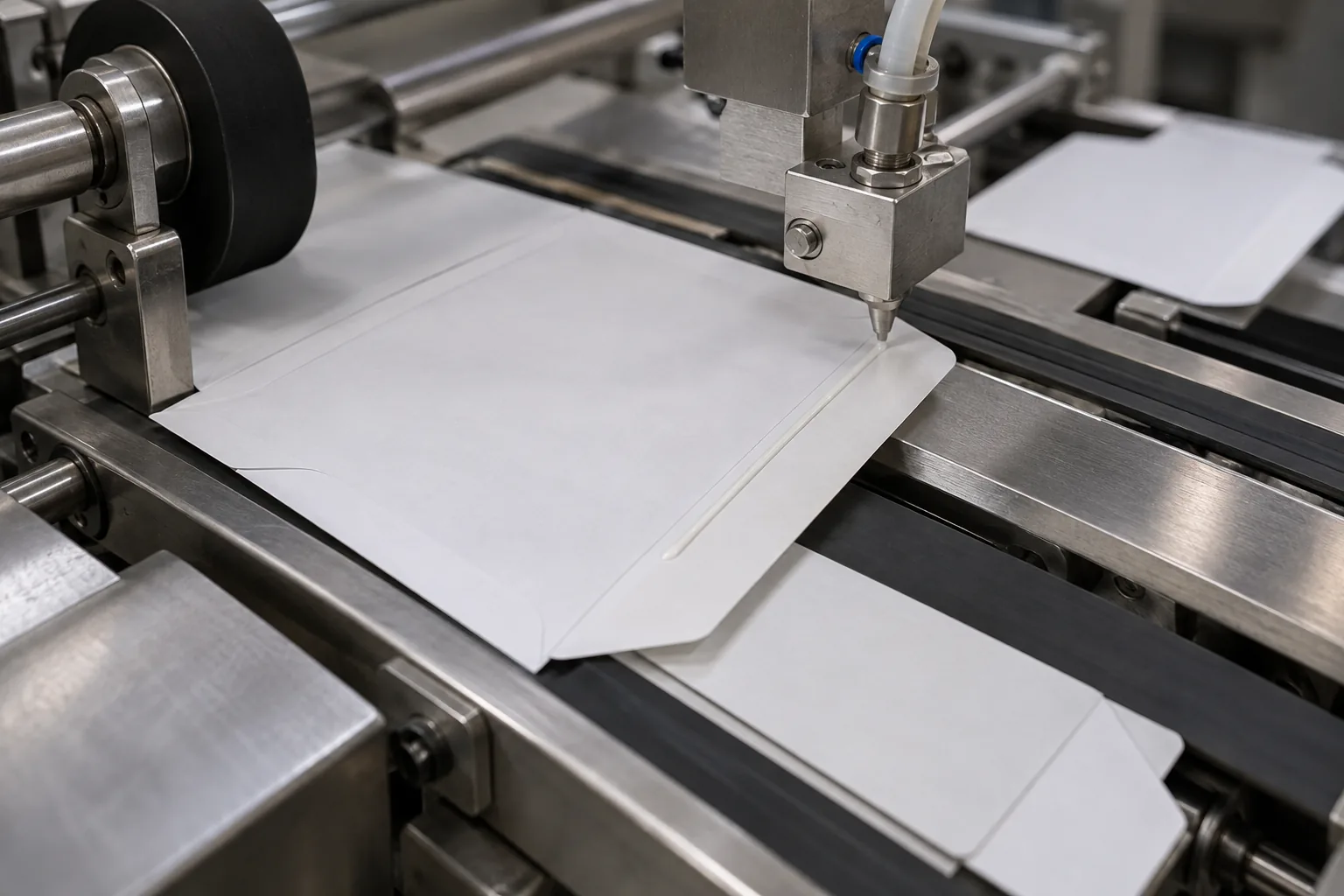 Generic applicator head laying a narrow adhesive line on a paper envelope seam