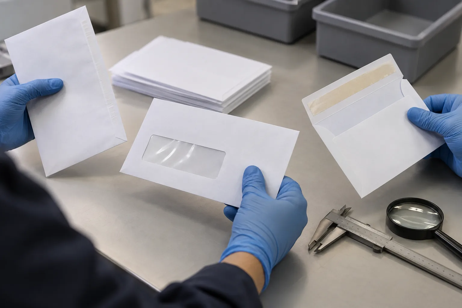Operator inspecting envelope seams, a window edge and a flap closure on a quality-control bench