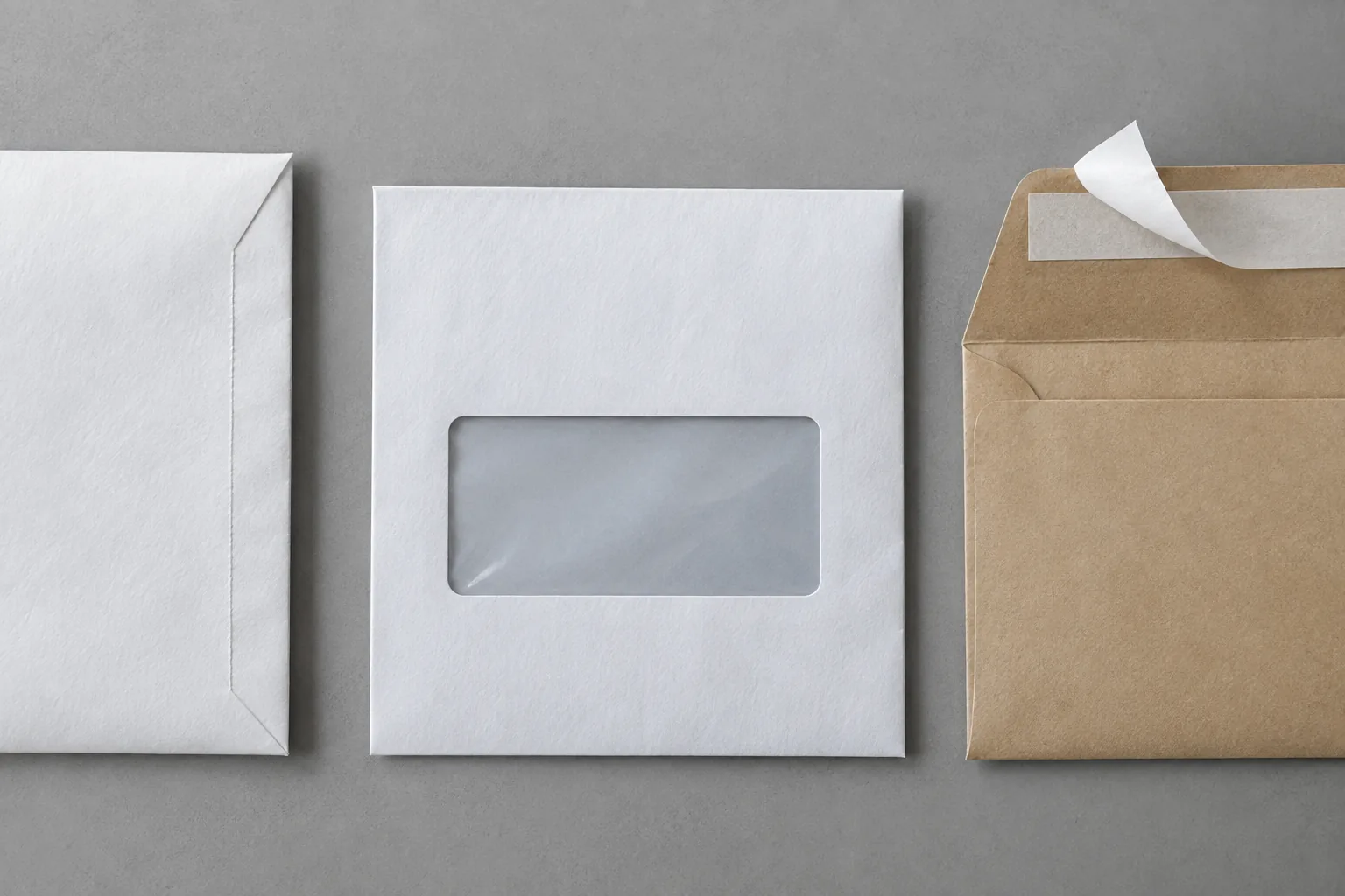 Three separate envelope samples showing a paper seam, a transparent window patch and a release-liner flap